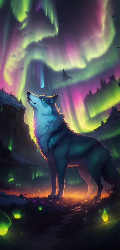 Vivid illustration of a wolf beneath vibrant aurora borealis lights.