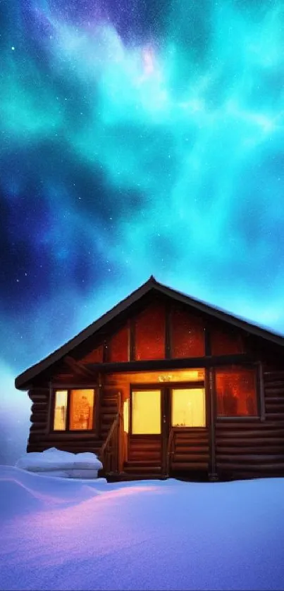 Snowy cabin under glowing aurora sky at night.