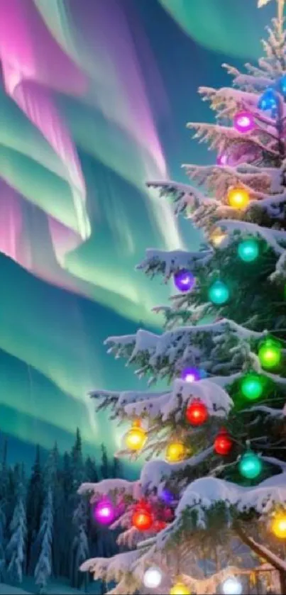 Snowy Christmas tree with colorful lights under aurora borealis.