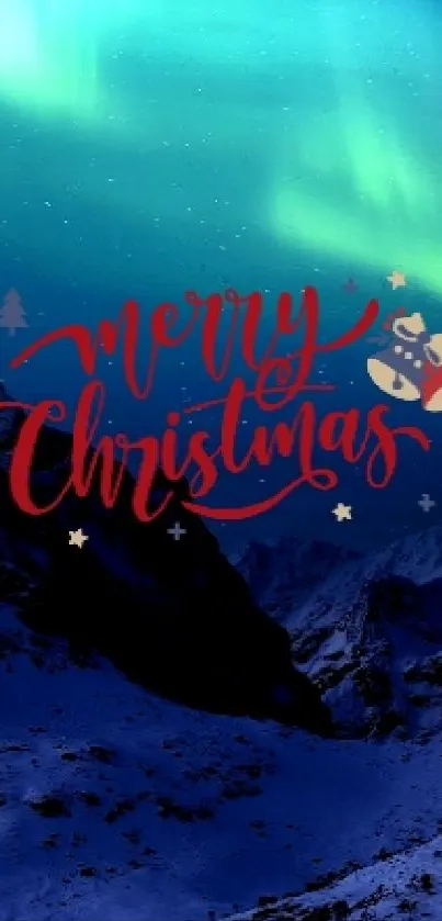 Aurora borealis over snowy mountains with Merry Christmas text.