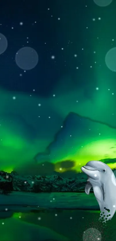 A dolphin beneath vibrant green auroras and stars.