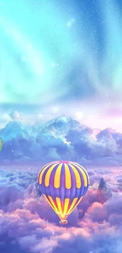 Aurora borealis with hot air balloons in a dreamy cloudscape.