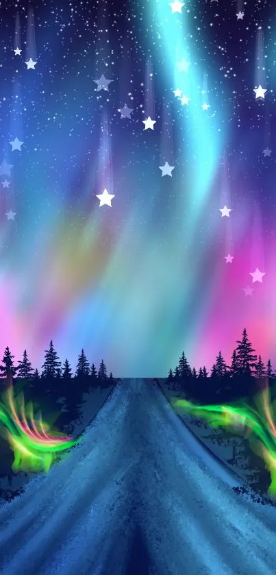 Mobile wallpaper with aurora borealis over forest path and starry sky.