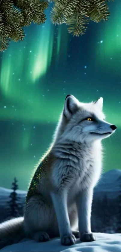 Fox gazing under bright auroras in a serene night landscape.