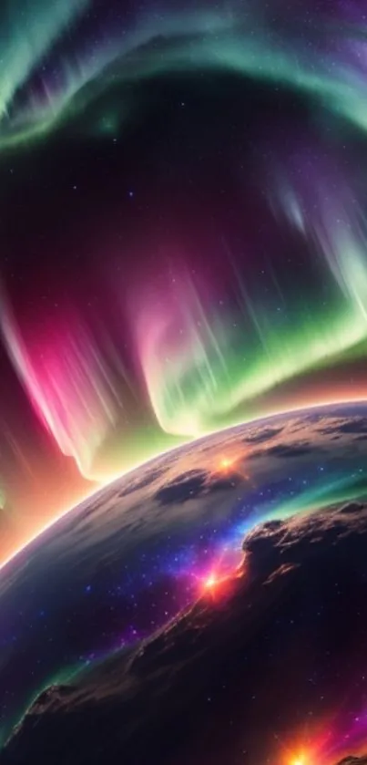 Vibrant aurora and galaxy mobile wallpaper with cosmic colors.