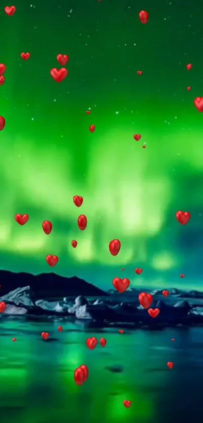 Vibrant green aurora with red hearts floating against a serene night sky.