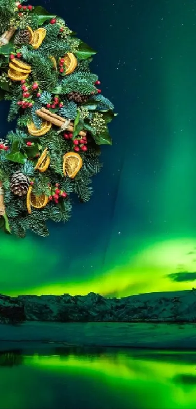 Christmas wreath over aurora borealis landscape wallpaper.