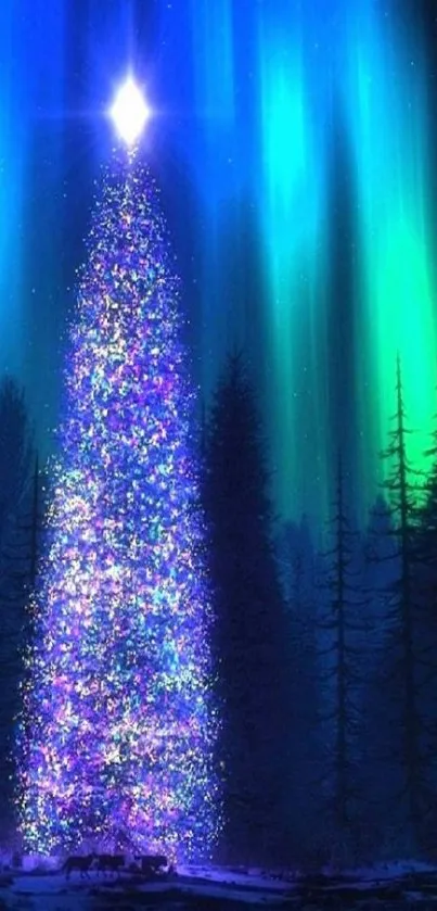 Sparkling Christmas tree under vibrant aurora.