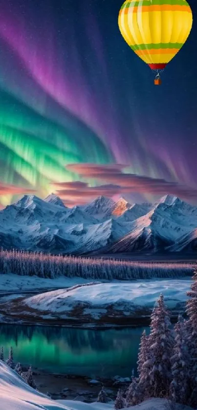 Hot air balloon under vibrant auroras with snow-capped mountains.