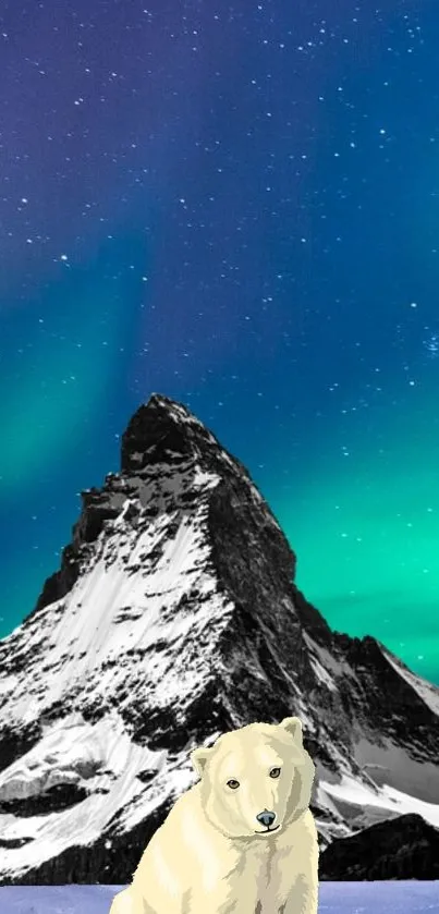 Polar bear with mountain and aurora in vibrant night wallpaper.