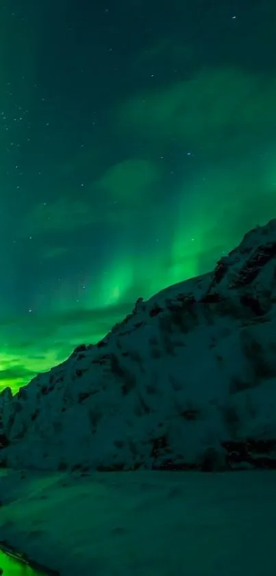 Northern Lights over snowy mountains at night.