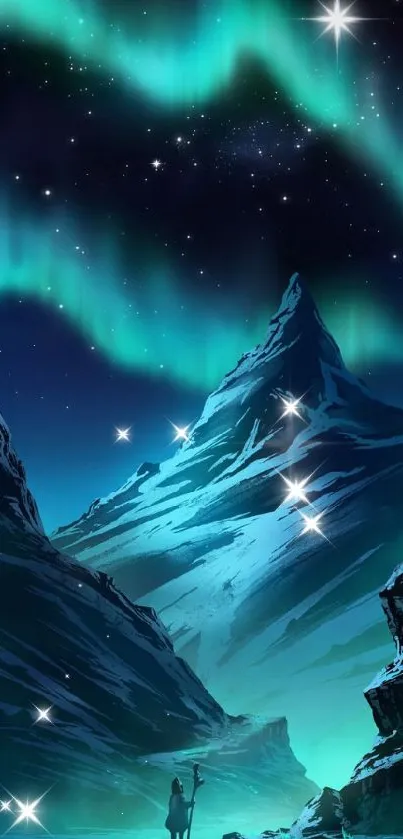 Aurora borealis over a night-time mountain landscape with stars.