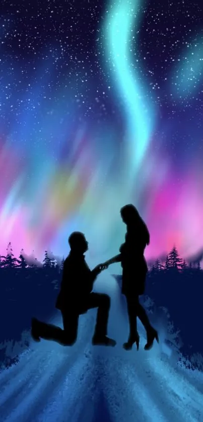 Romantic proposal under vibrant aurora lights with a starry night sky.