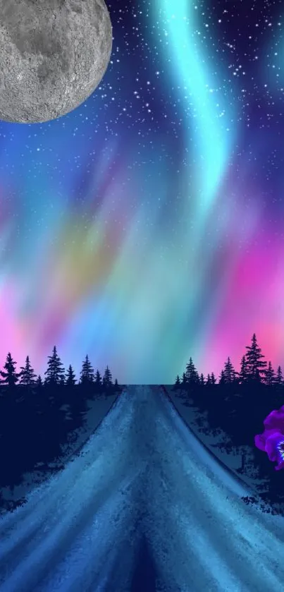 Aurora and moon over forest road wallpaper.