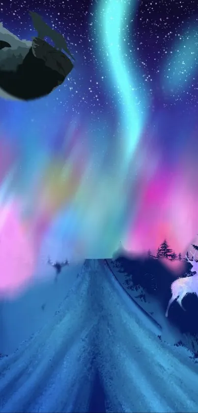 Magical aurora over forest with a deer.