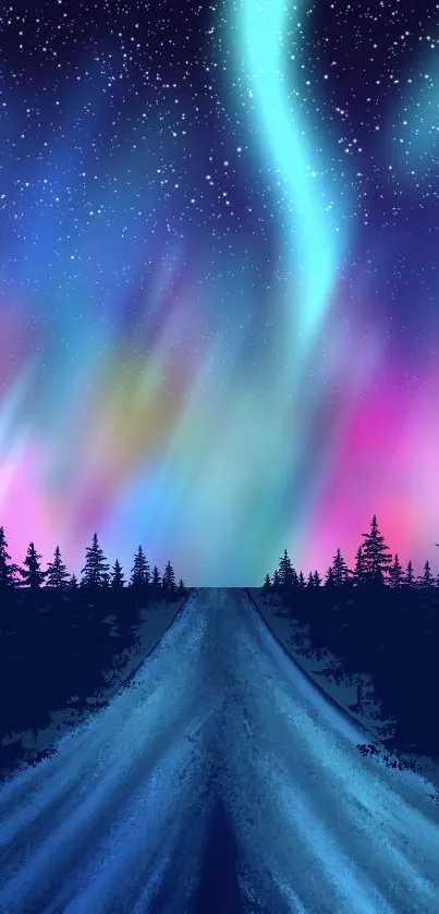 Colorful aurora lights over a forest road at night.