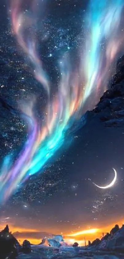 Vibrant aurora borealis under a starry night sky with a crescent moon.