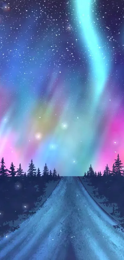 Vibrant aurora lights over a starry forest road at night.