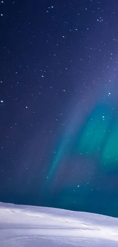 Aurora borealis illuminating a starry night over snowy landscape.