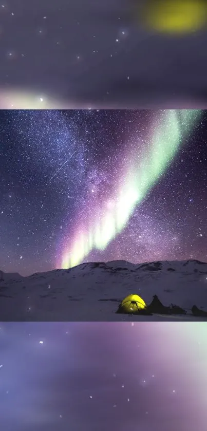 Aurora borealis with starry sky and camping tent at night.