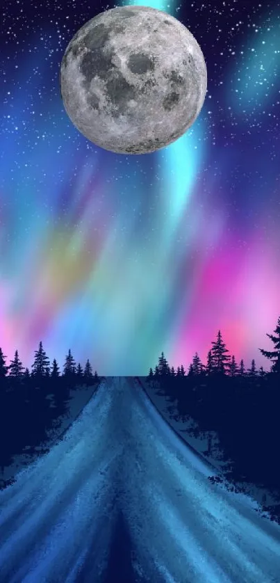 A colorful aurora borealis with moon over a forest at night.