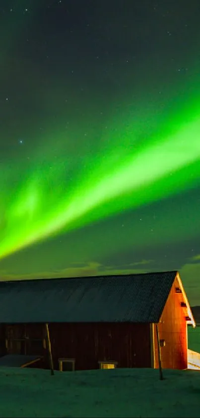 Vibrant green aurora over lake and cabin.