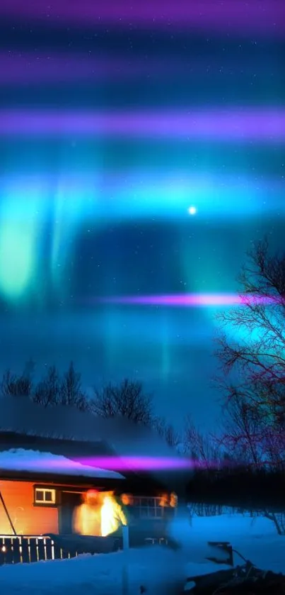 Aurora borealis illuminating a cozy cabin in a snowy landscape.