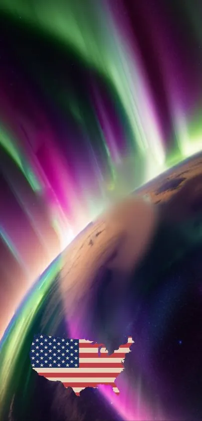 Aurora borealis over Earth with USA map on mobile wallpaper.