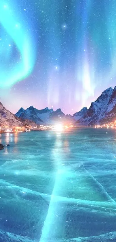 Aurora lights illuminate icy lake bordered by mountains under a starry sky.