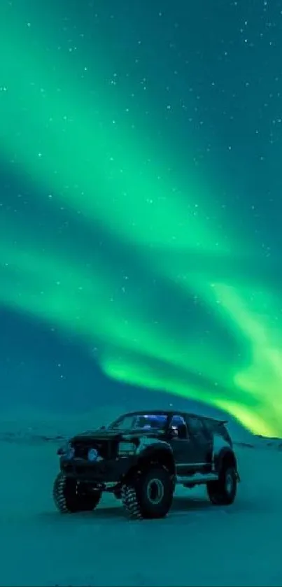 Off-road vehicle under aurora borealis in icy landscape night view.