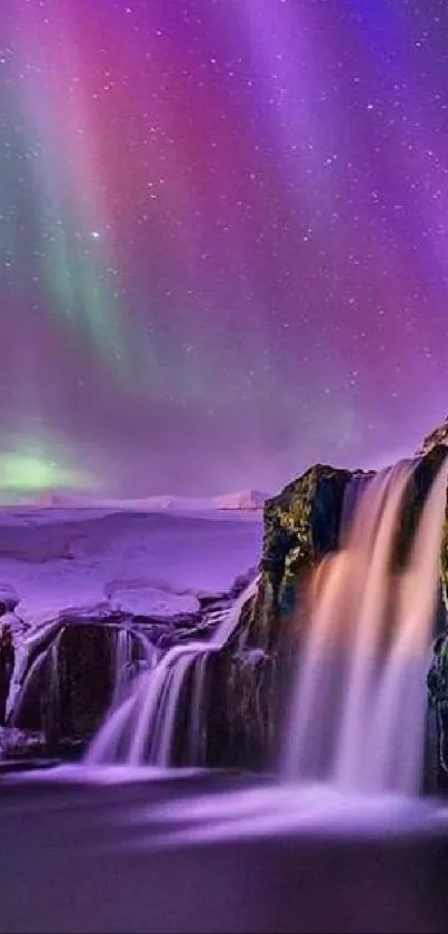 Colorful aurora borealis over an icy waterfall under a starry night sky.