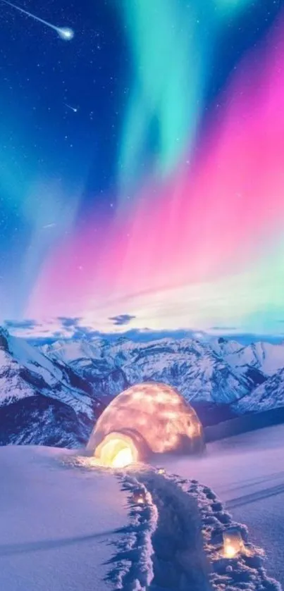 Vibrant Aurora Borealis above a snowy igloo in a serene mountain setting.