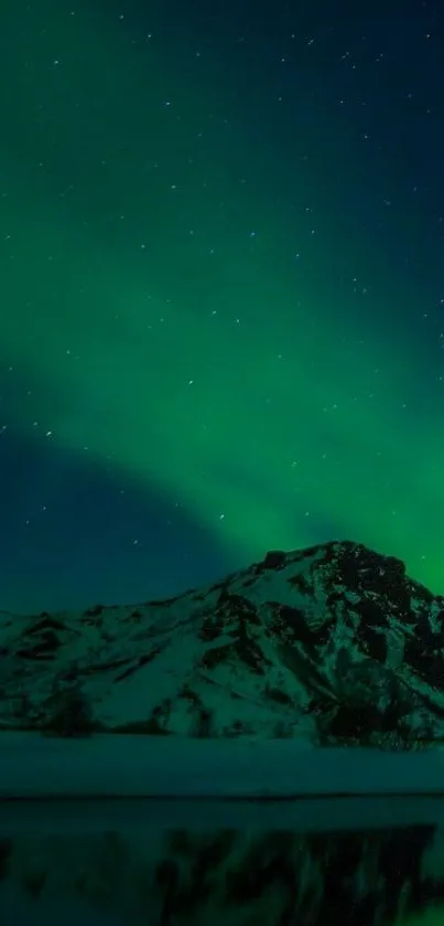 Green aurora lights above snowy mountain and starry night sky.