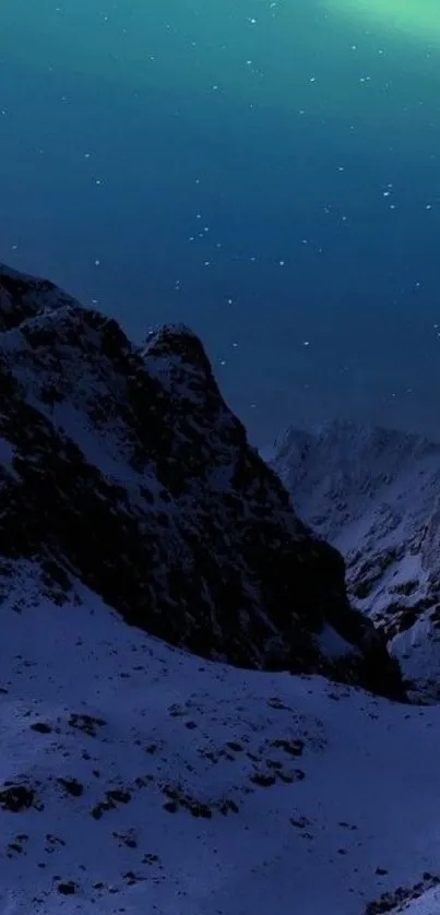 Aurora shining over dark snowy mountains under a starry sky.