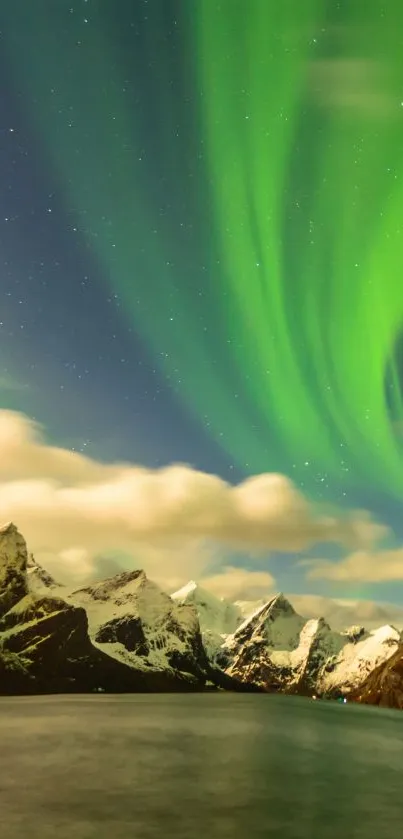 Aurora borealis lights up snow-capped mountains under a starry sky.