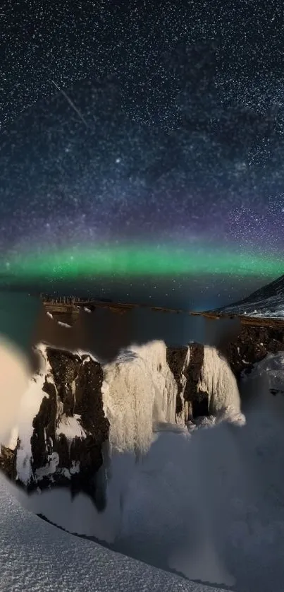 Aurora over snowy mountains under a starry sky.