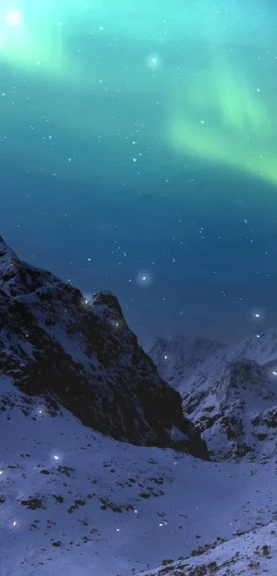Aurora Borealis over snowy mountain peaks with a starry night sky.