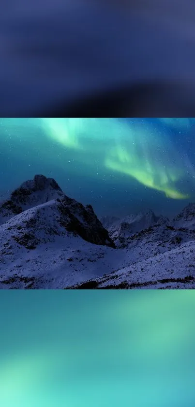 Breathtaking aurora over snow-covered mountains under a starlit night sky.