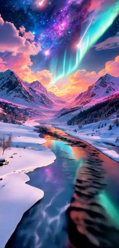Aurora and snowy mountains under a vibrant sky at night.