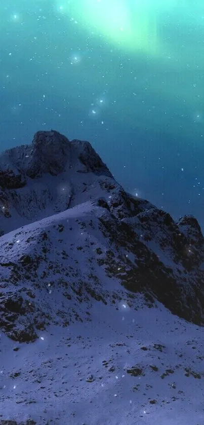 Northern lights over snowy mountains under a starry night sky.