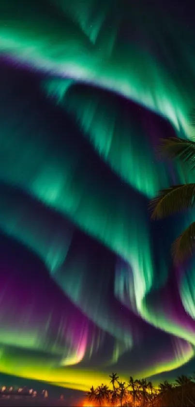 Northern lights illuminating a tropical beach with palm trees at night.