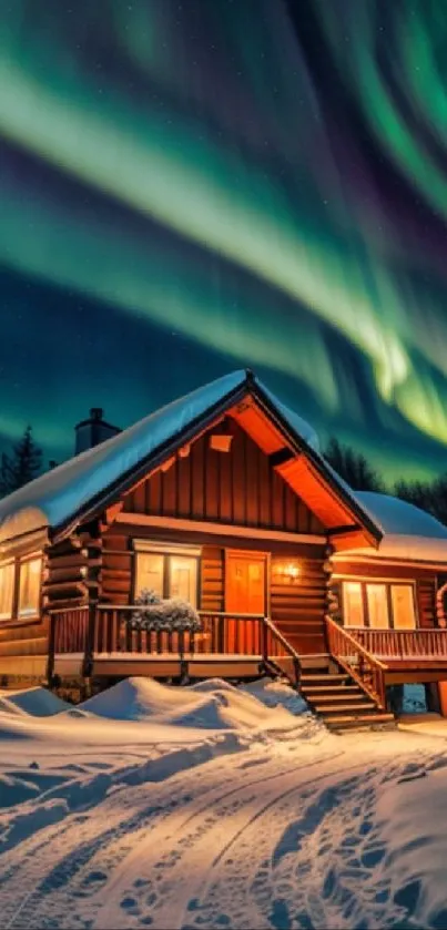 Snow-covered cabin beneath vibrant Northern Lights.