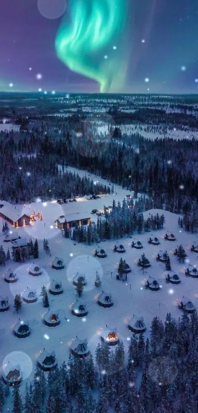 Aurora borealis over a snowy winter village at night.