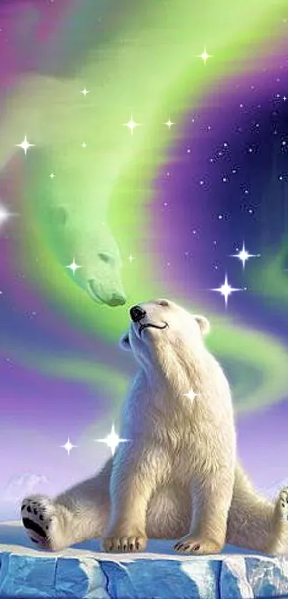 Polar bear beneath vibrant aurora in Arctic scene wallpaper.