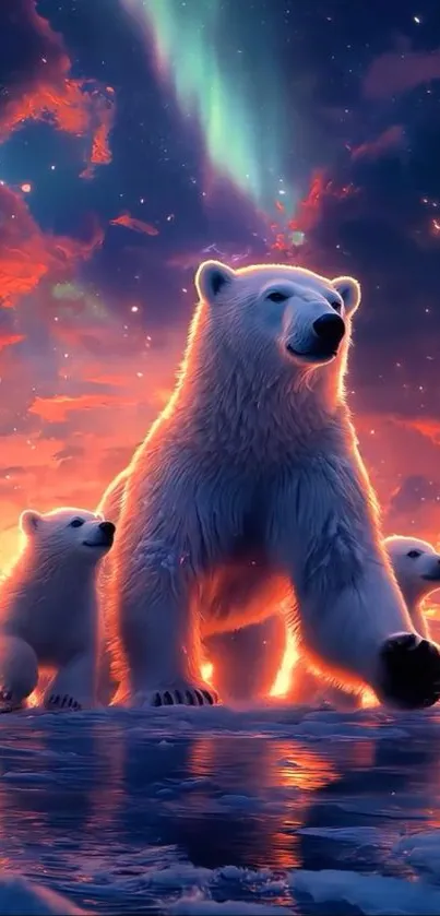 Polar bears under aurora sky wallpaper.