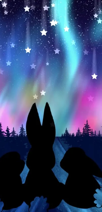 Rabbits silhouetted against aurora under a starry night sky.