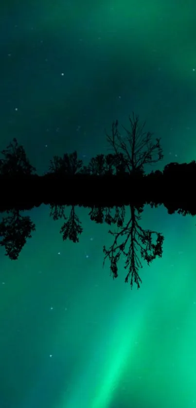 Aurora borealis reflecting on calm waters beneath a starry sky.