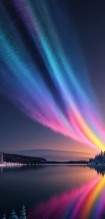 Vivid aurora lights reflecting over a snowy lake at dusk, surrounded by pine trees.