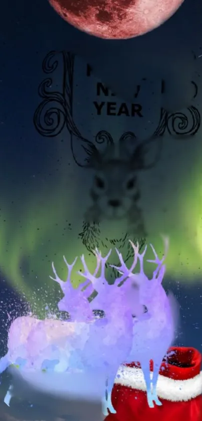Christmas wallpaper with reindeers under aurora and moonlit sky.