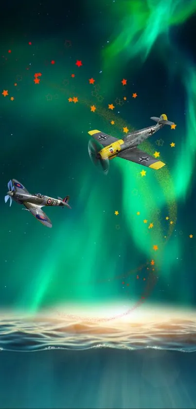 Fighter planes soar under auroras above ocean.